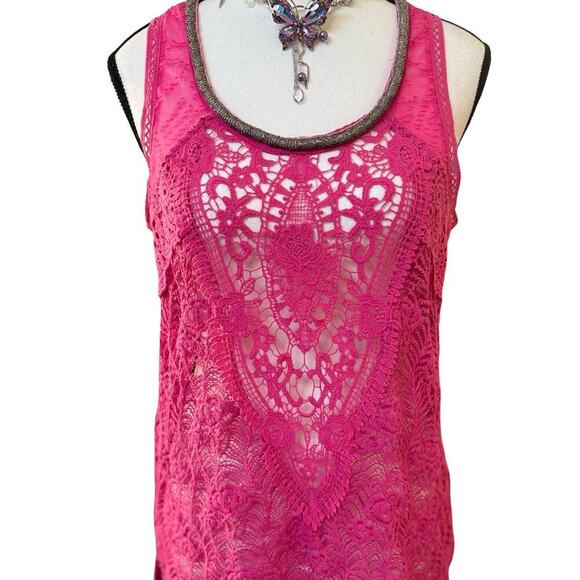 Y2K VTG. MISS ME PINK LACE CROCHET SHEER BEADED TOP BLOUSE MEDIUM - Picture 5 of 8